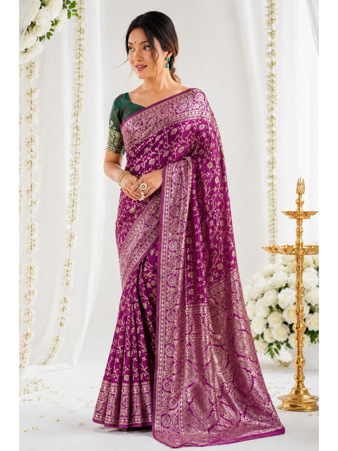Peachmode Magenta Jacquard Woven Kanchipuram Lichi Silk Saree - Image 4