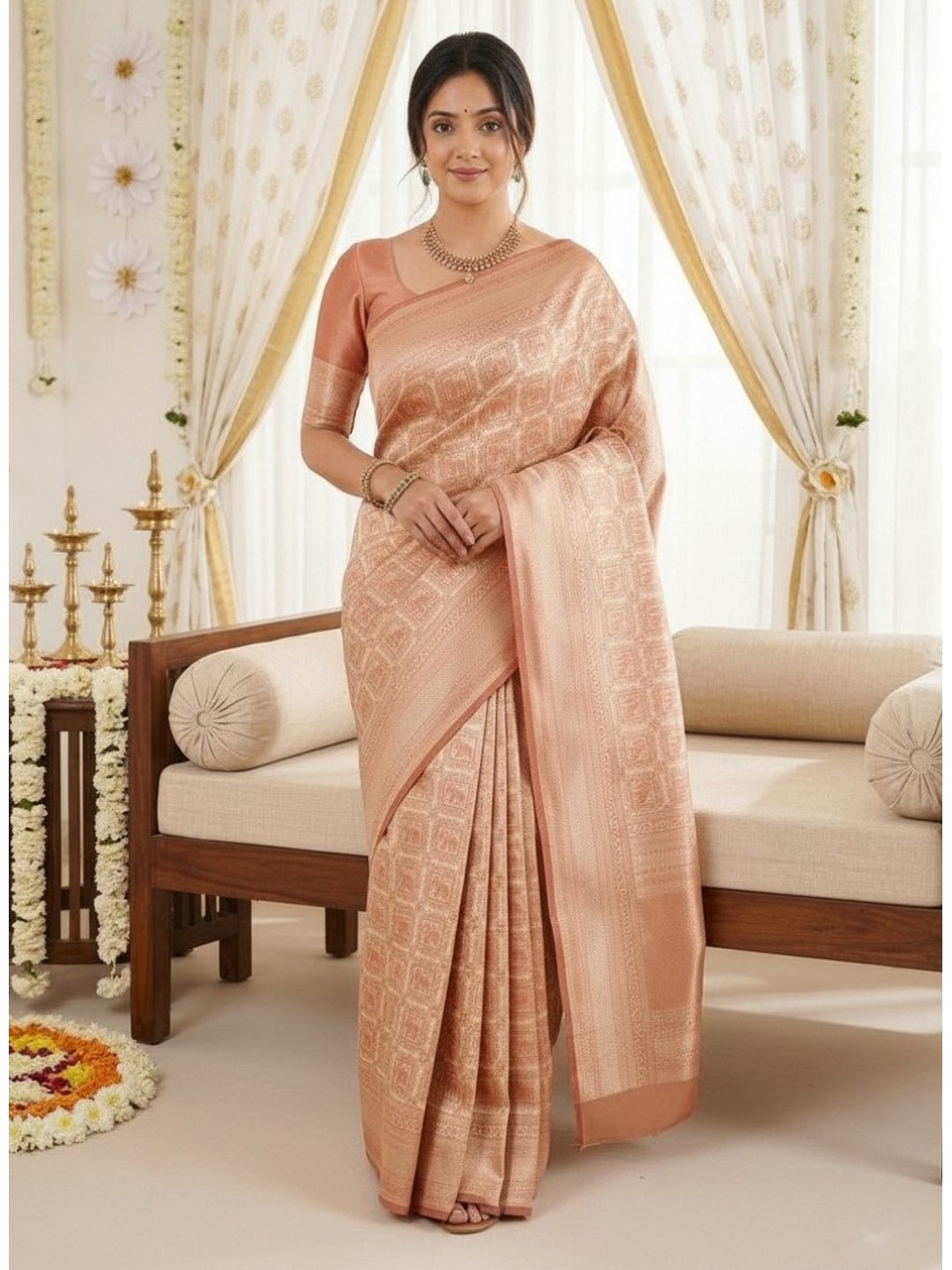 Peachmode Peach Jacquard Woven Kanchipuram Lichi Silk Saree - Image 1