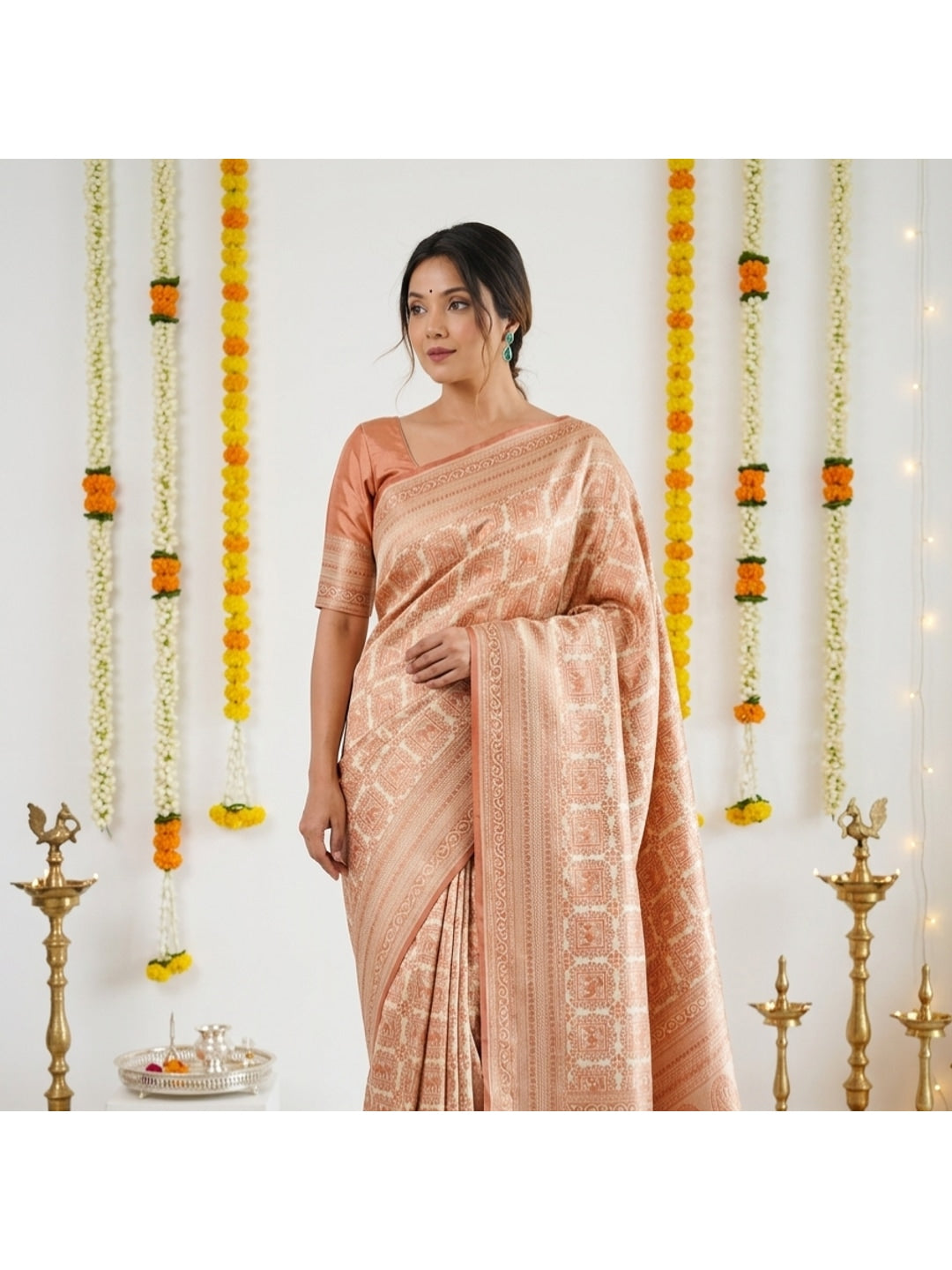 Peachmode Peach Jacquard Woven Kanchipuram Lichi Silk Saree - Image 3