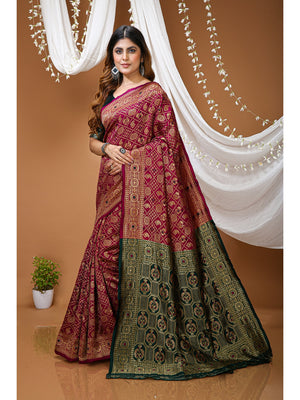 Peachmode Maroon Jacquard Woven Kanchipuram Silk Saree - Image 2