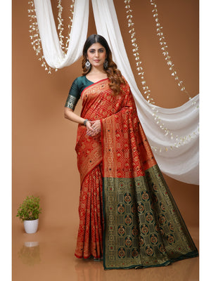 Peachmode Red Jacquard Woven Kanchipuram Silk Saree - Image 1