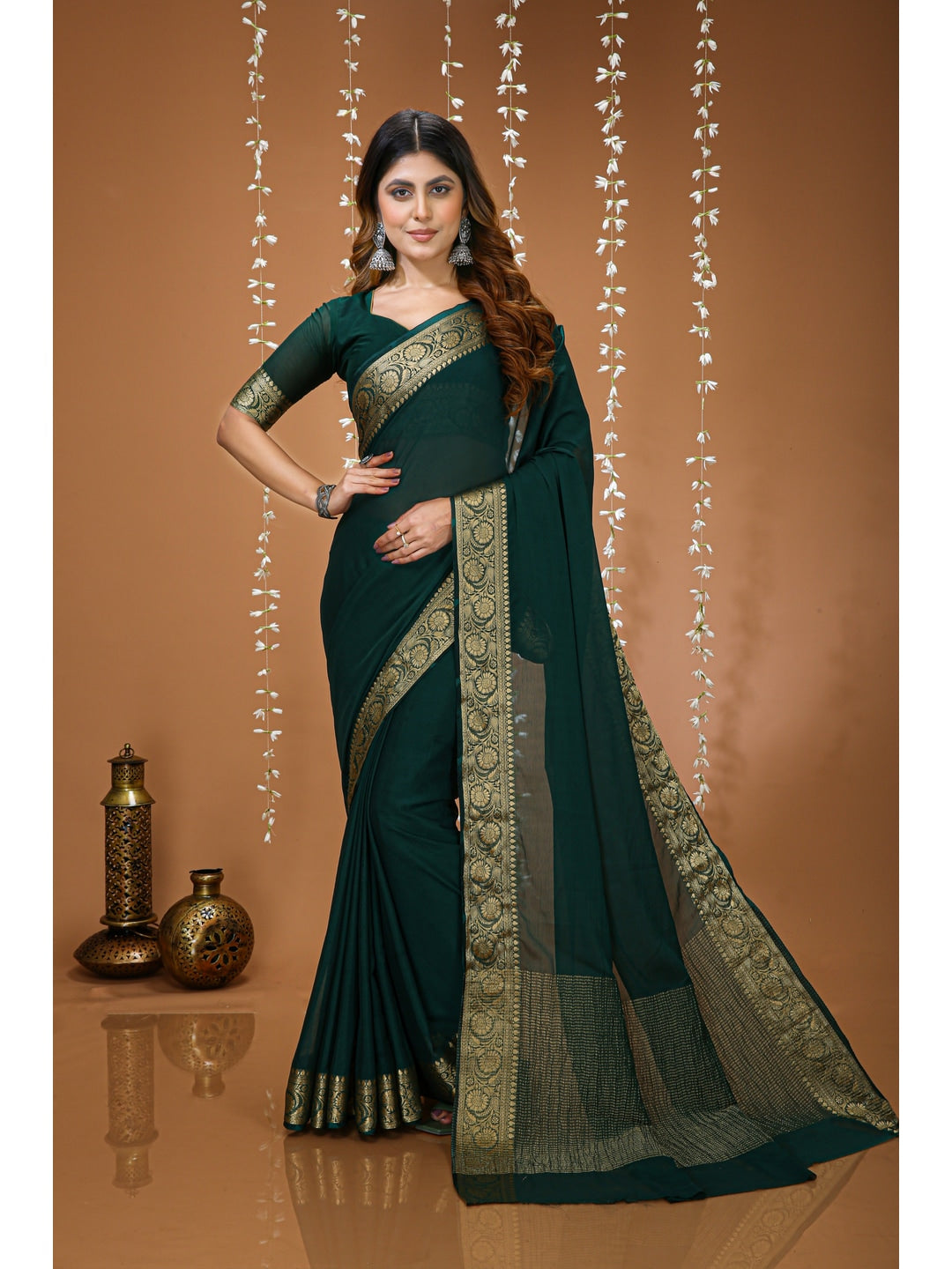 Peachmode Green Zari Woven Silk Blend Saree - Image 1