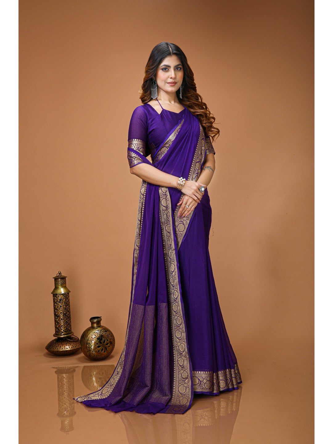 Peachmode Purple Zari Woven Silk Blend Saree - Image 4