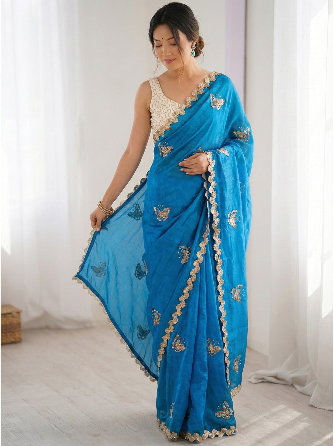 Peachmode Blue Butterfly Sequin Embroidered Dual Shade Satin Saree - Image 1