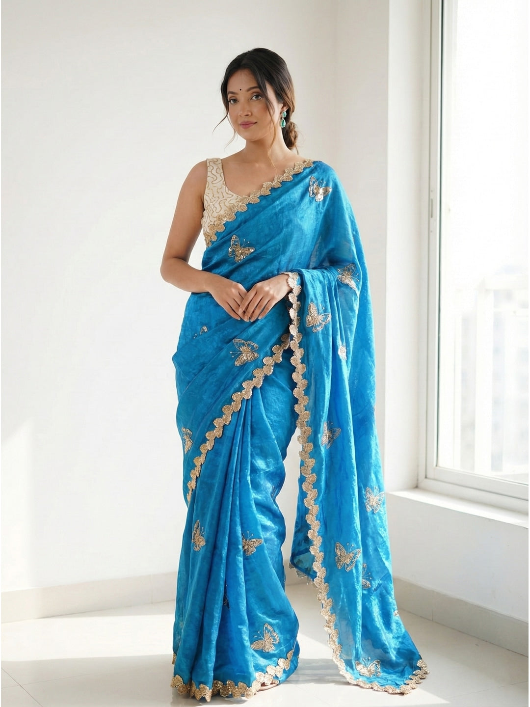 Peachmode Blue Butterfly Sequin Embroidered Dual Shade Satin Saree - Image 3