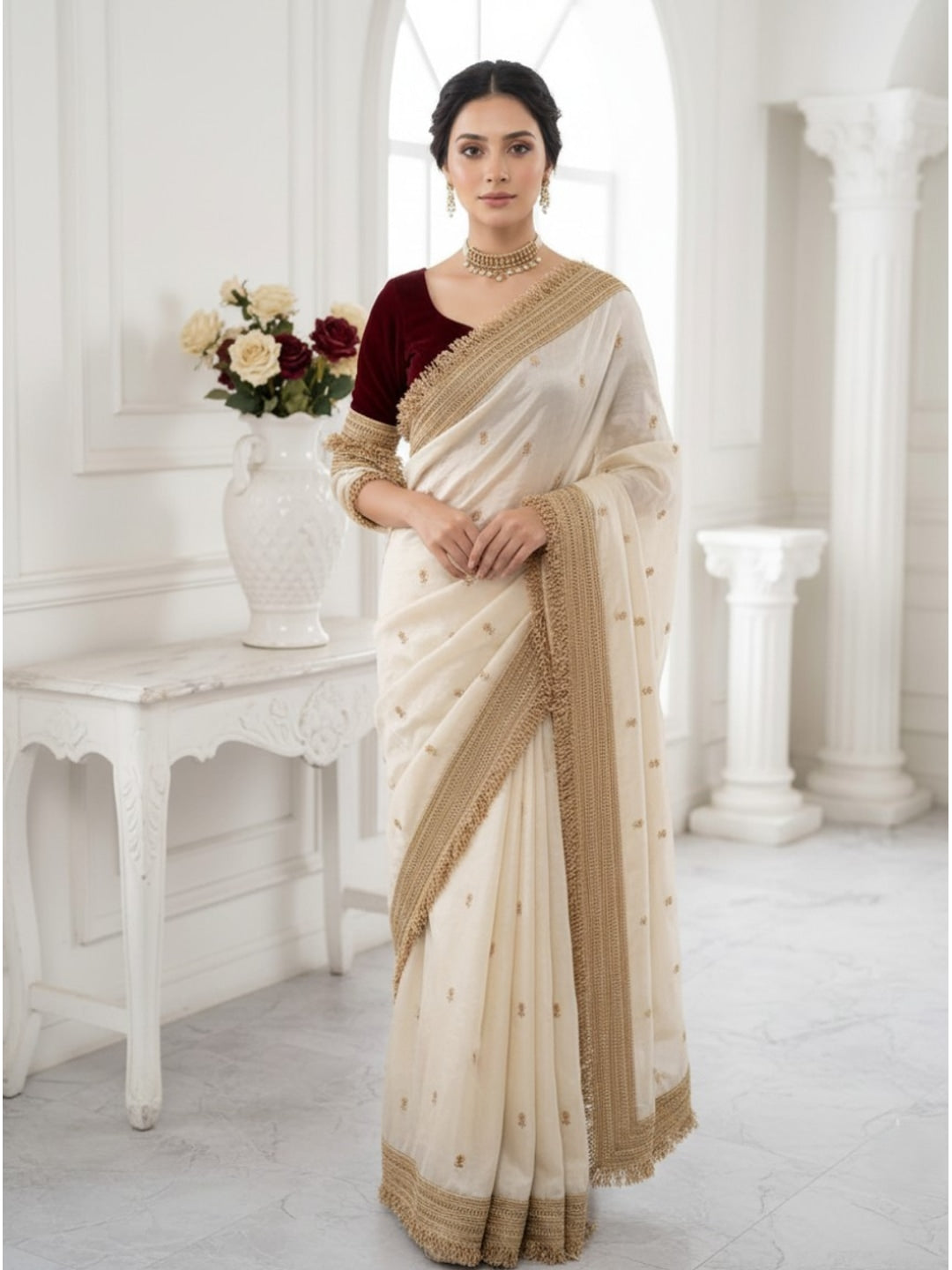 Peachmode Cream Butti Embroidered Satin Silk Saree - Image 1