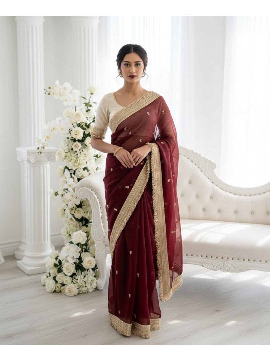 Peachmode Maroon Butti Embroidered Satin Silk Saree - Image 1