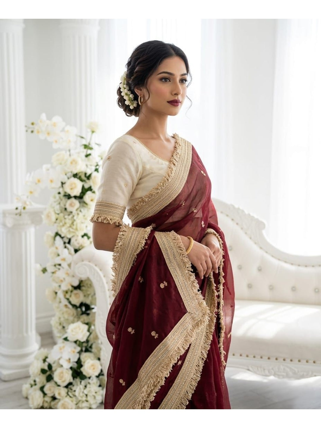 Peachmode Maroon Butti Embroidered Satin Silk Saree - Image 2