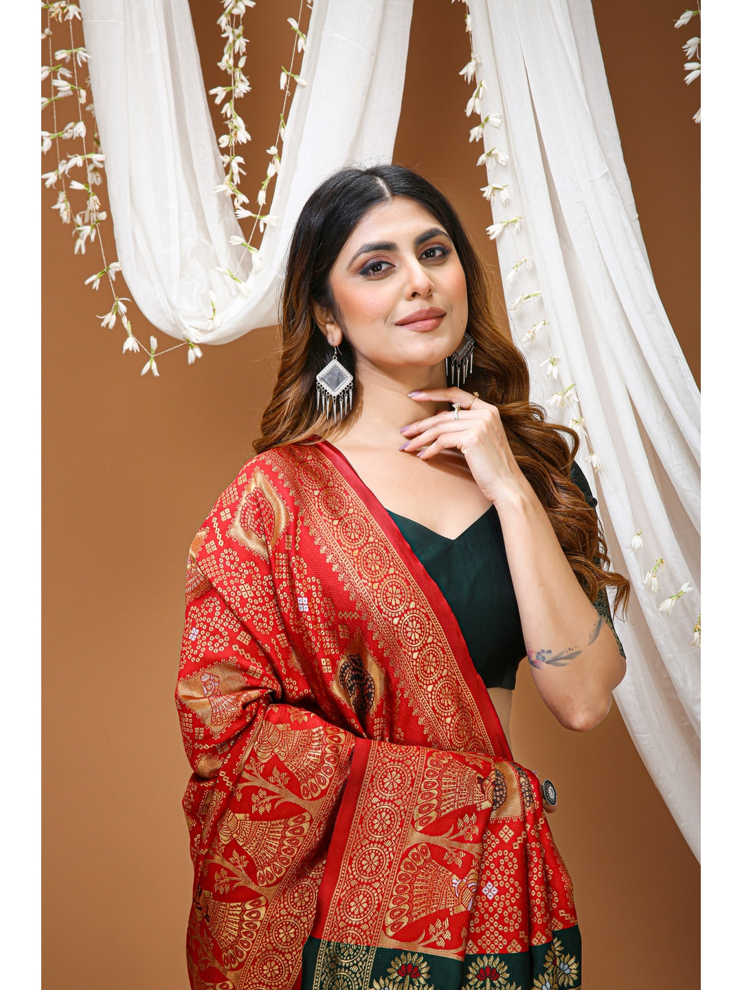 Peachmode Red Jacquard Woven Soft Lichi Silk Kanchipuram Saree - Image 5