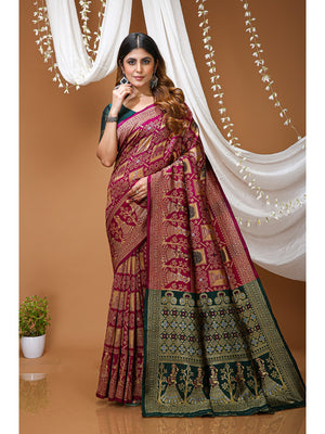 Peachmode Wine Jacquard Woven Soft Lichi Silk Kanchipuram Saree - Image 1