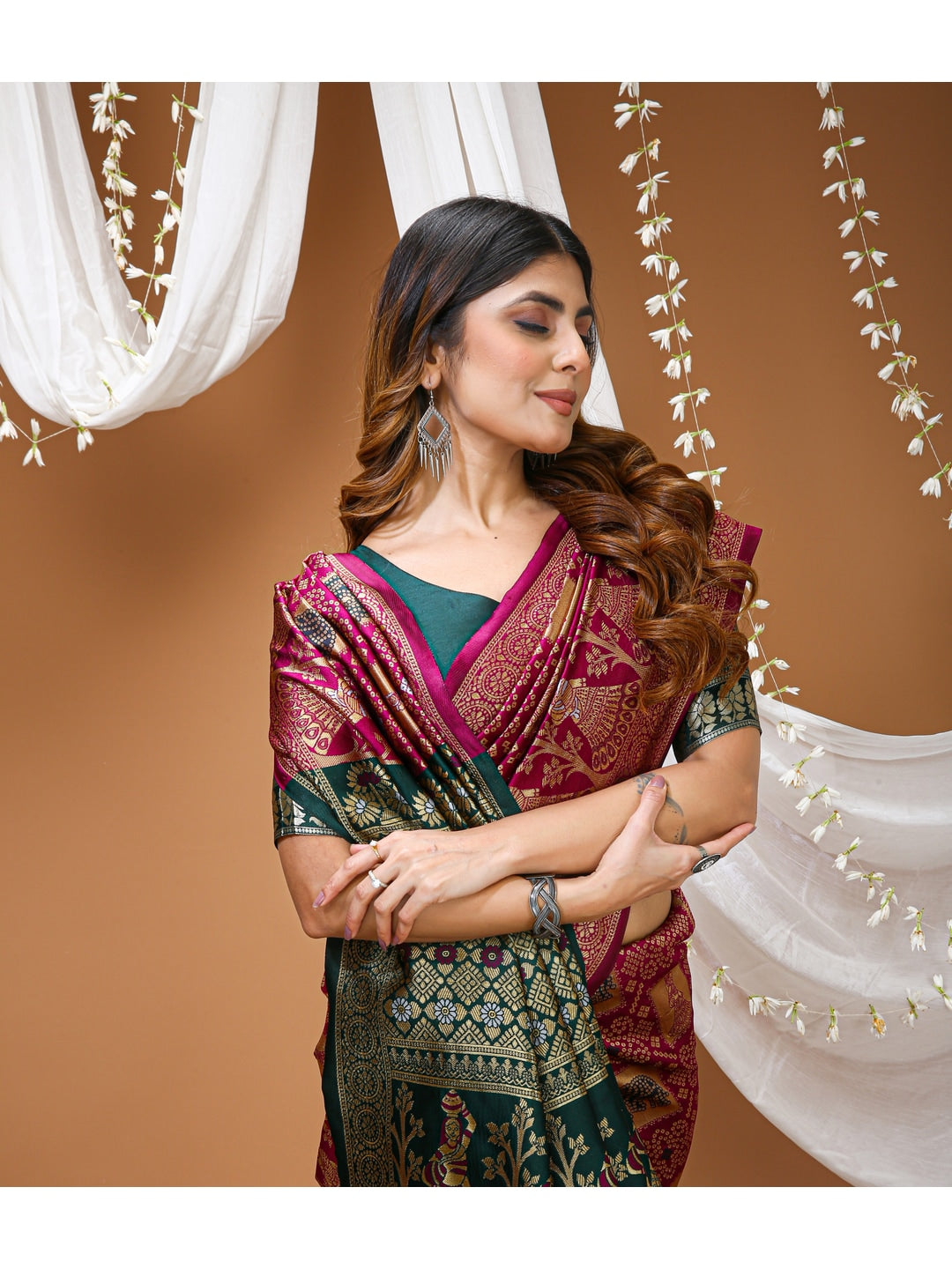 Peachmode Wine Jacquard Woven Soft Lichi Silk Kanchipuram Saree - Image 5