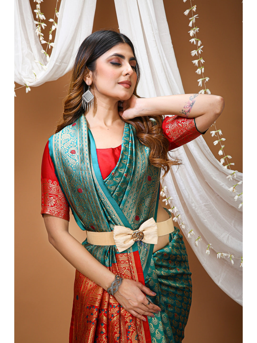 Peachmode Ferozi Jacquard Woven Soft Silk Kanchipuram Saree - Image 5