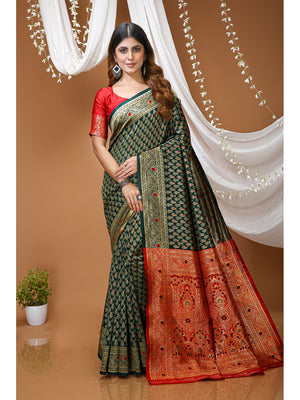 Peachmode Green Jacquard Woven Soft Silk Kanchipuram Saree - Image 1