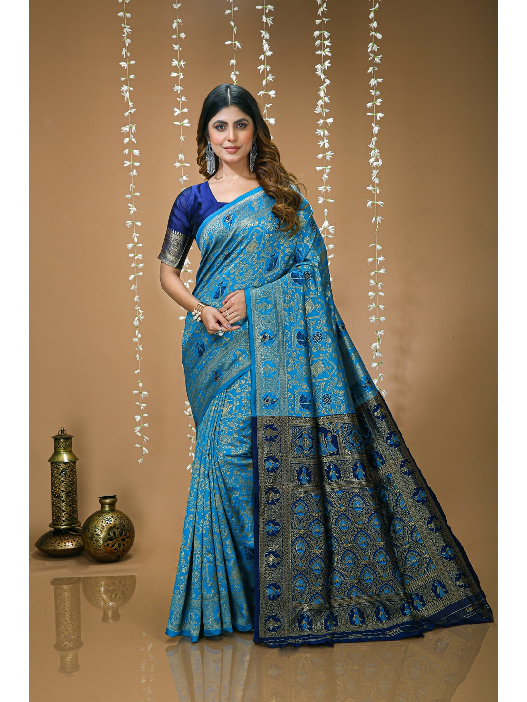 Peachmode Blue Heritage Jacquard Buta Soft Lichi Silk Saree - Image 1