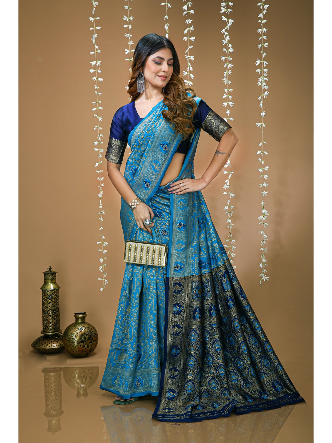 Peachmode Blue Heritage Jacquard Buta Soft Lichi Silk Saree - Image 4