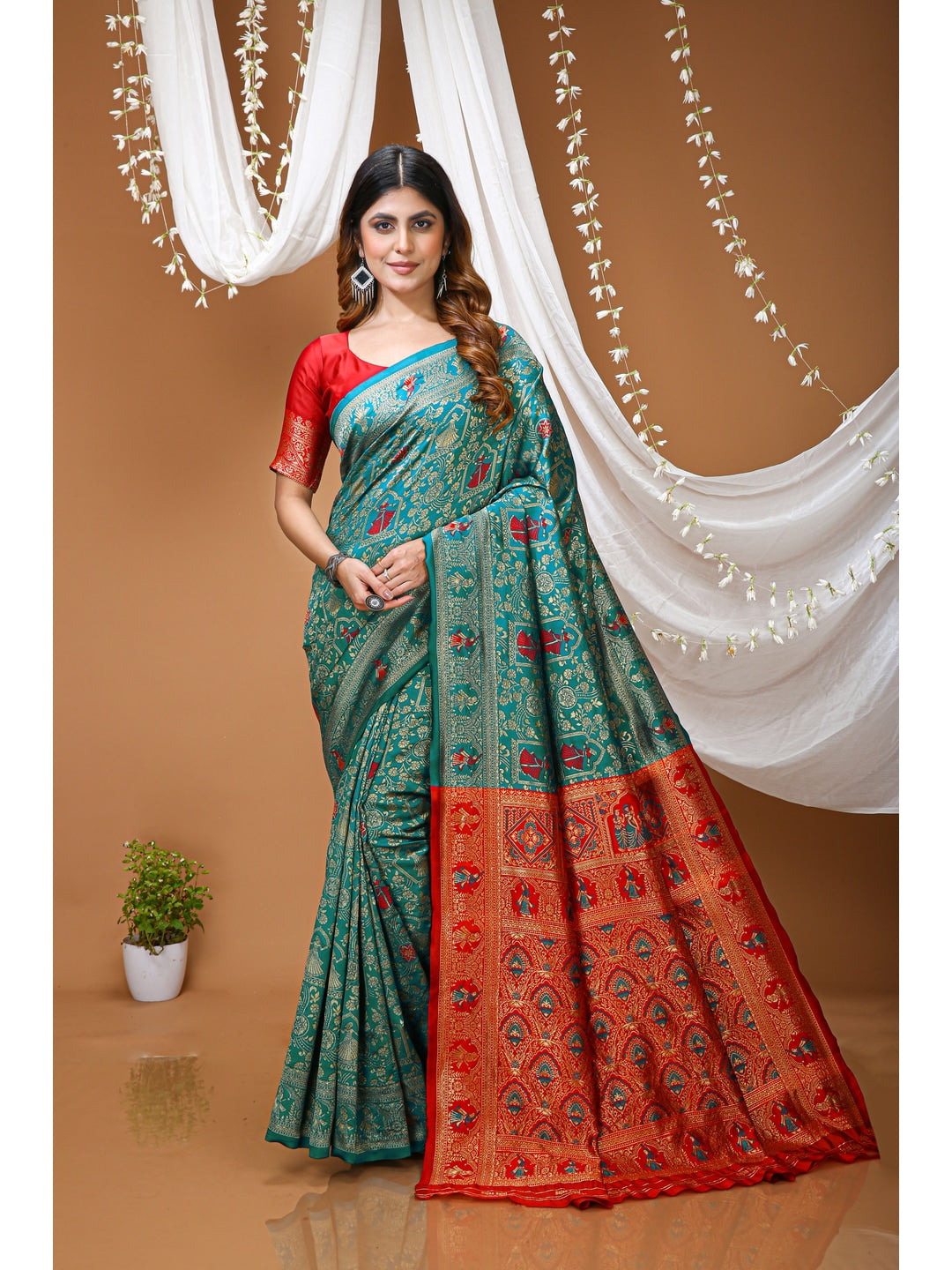 Peachmode Ferozi Heritage Jacquard Buta Soft Lichi Silk Saree - Image 1