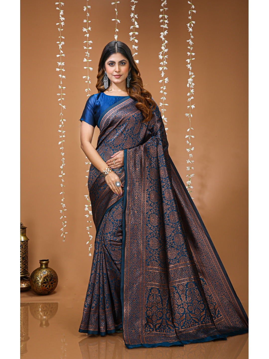 Peachmode Navy Blue Jacquard Woven Soft Lichi Silk Kanchipuram Saree - Image 1