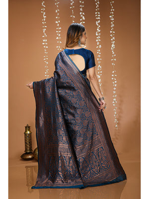 Peachmode Navy Blue Jacquard Woven Soft Lichi Silk Kanchipuram Saree - Image 2