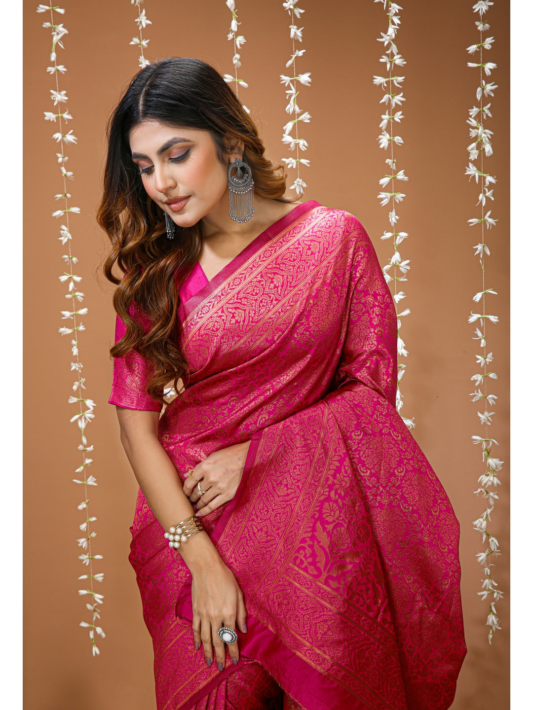 Peachmode Pink Jacquard Woven Soft Lichi Silk Kanchipuram Saree - Image 5