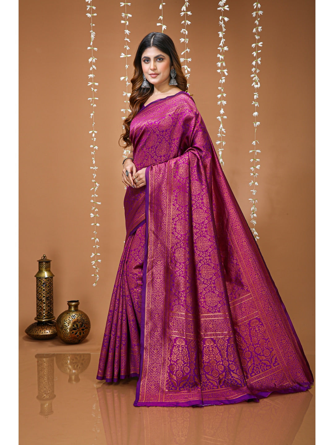 Peachmode Purple Jacquard Woven Soft Lichi Silk Kanchipuram Saree - Image 2