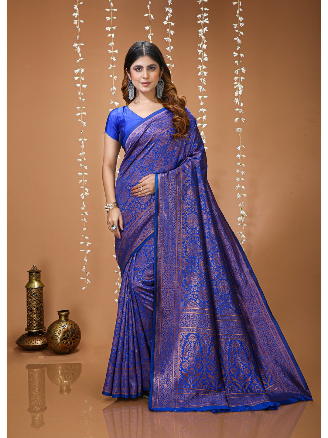 Peachmode Royal Blue Jacquard Woven Soft Lichi Silk Kanchipuram Saree - Image 1