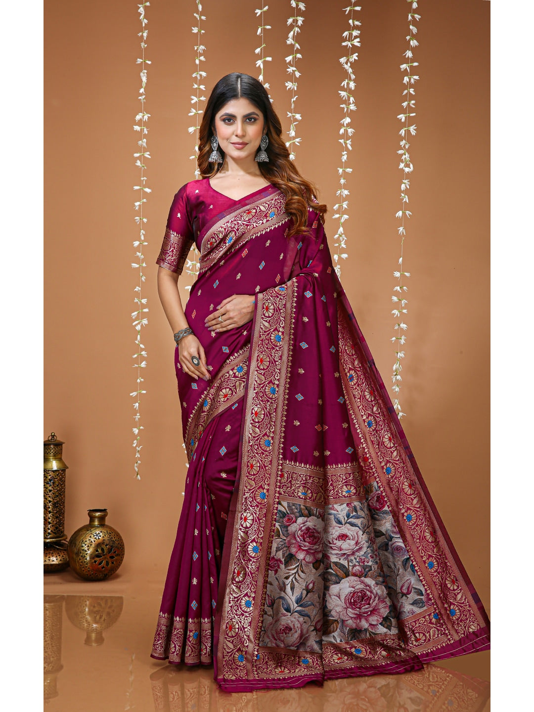 Peachmode Wine Floral Pallu Soft Lichi Silk Kanchipuram Saree - Image 1