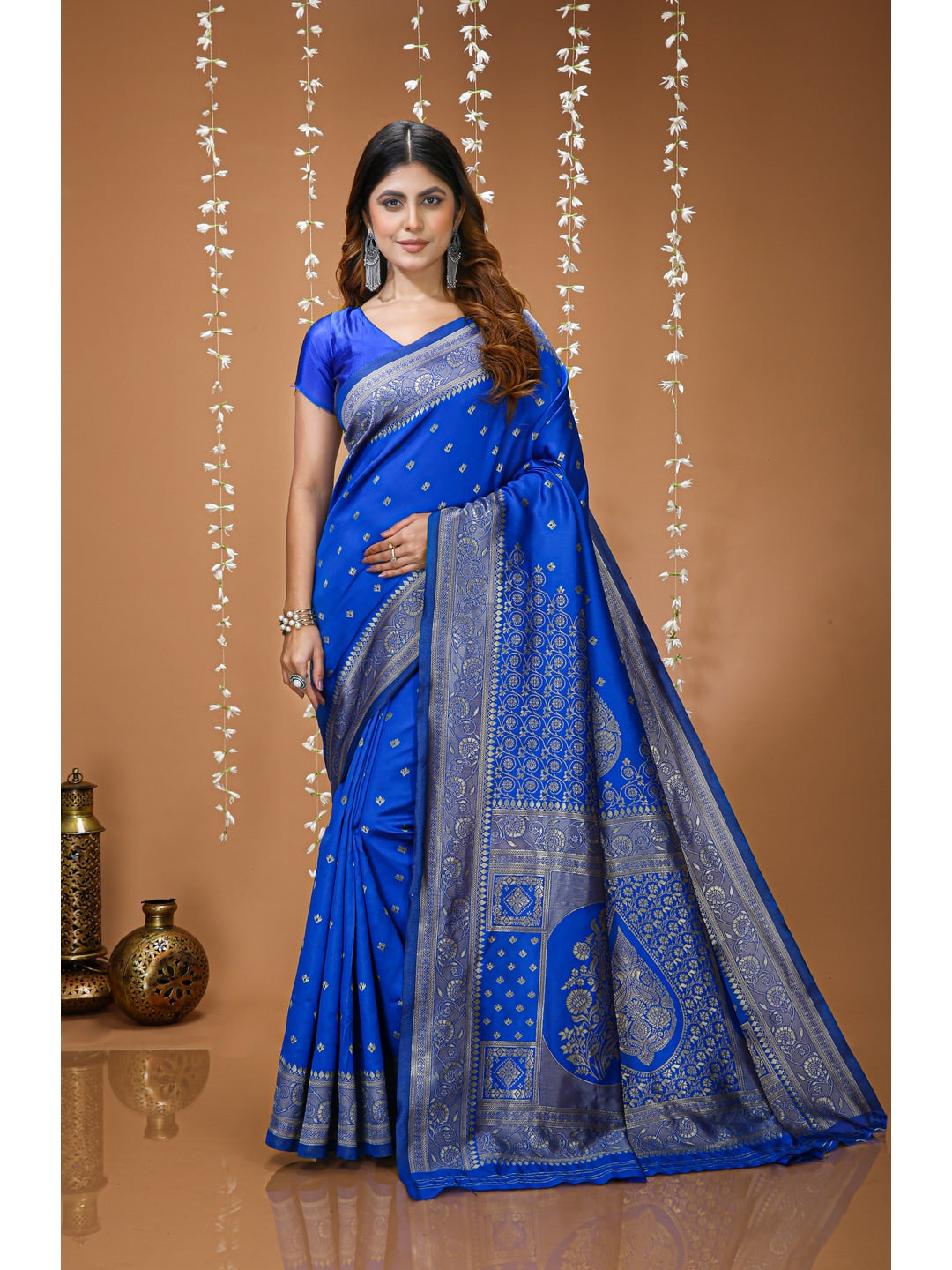 Peachmode Royal Blue Grand Pallu Soft Lichi Silk Saree - Image 1