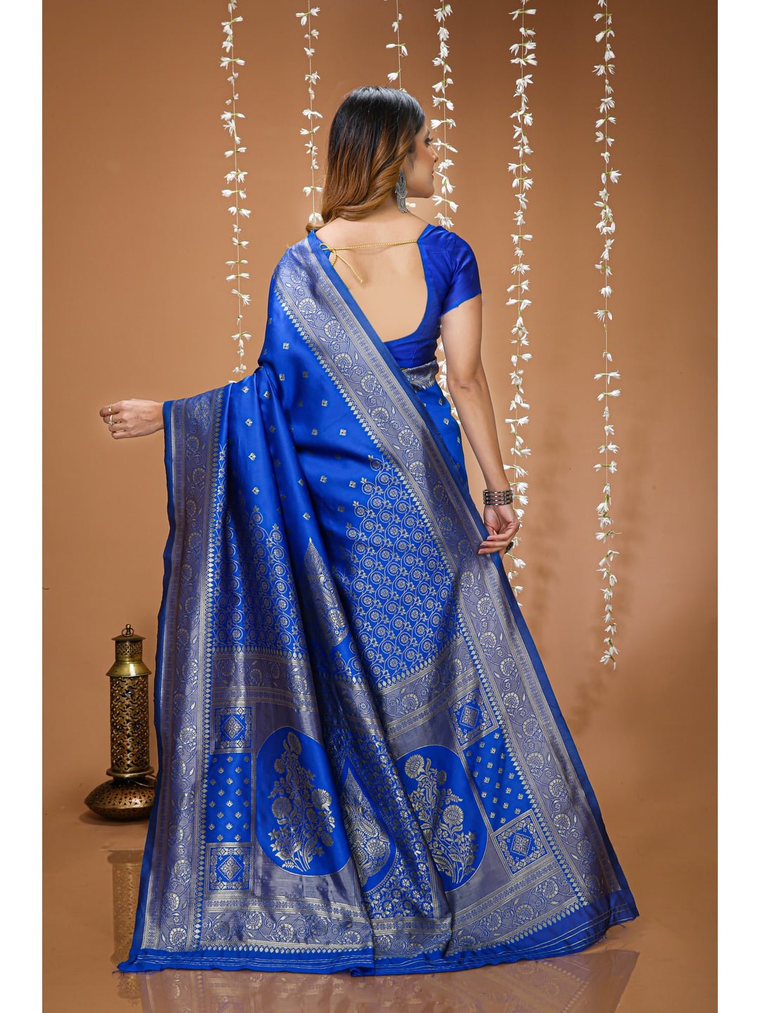 Peachmode Royal Blue Grand Pallu Soft Lichi Silk Saree - Image 3