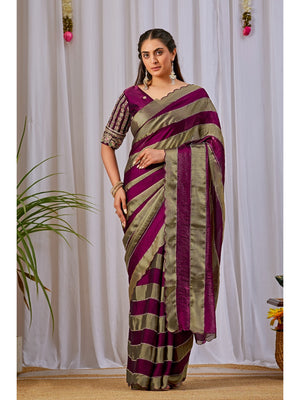 Peachmode Wine Striped Embellished Satin Saree - Image 1