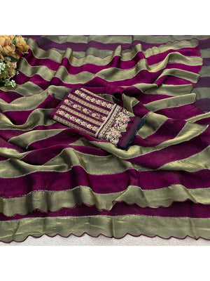 Peachmode Wine Striped Embellished Satin Saree - Image 2