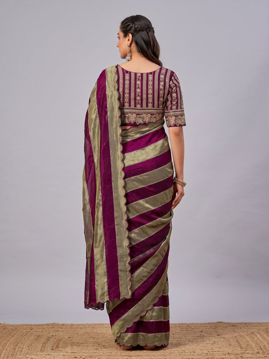 Peachmode Wine Striped Embellished Satin Saree - Image 4