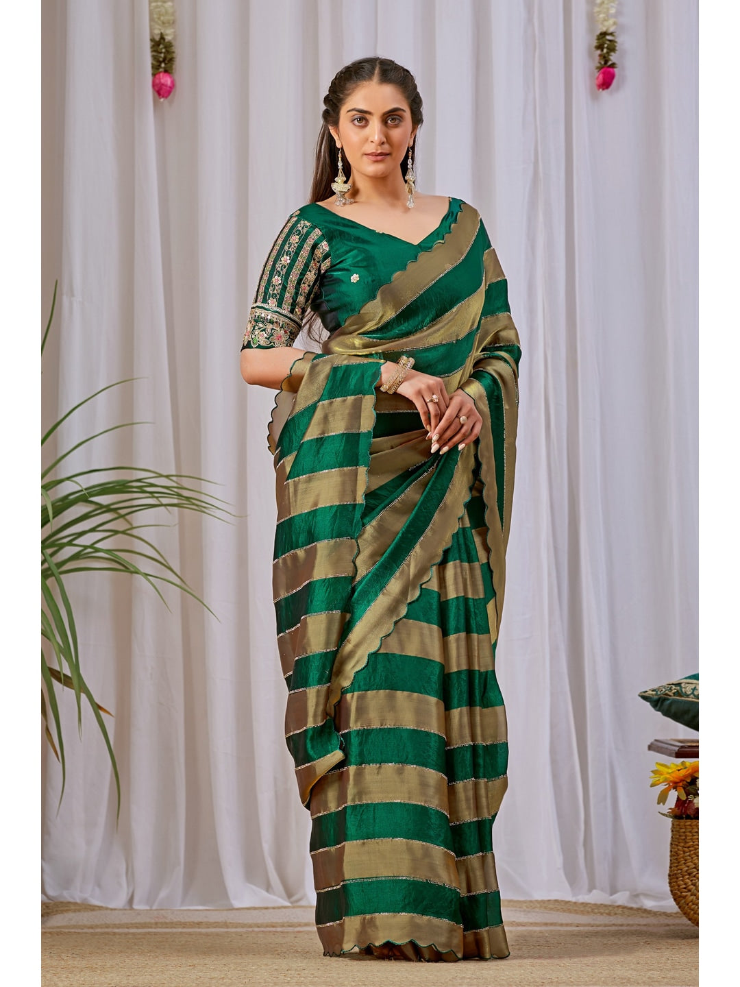 Peachmode Green Striped Embellished Satin Saree - Image 1