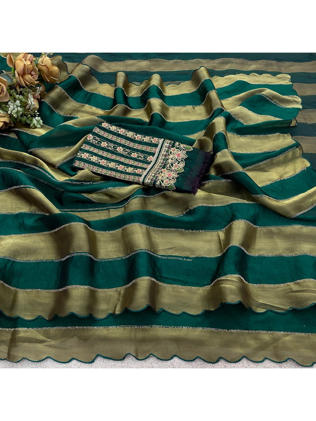 Peachmode Green Striped Embellished Satin Saree - Image 2