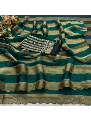 Peachmode Green Striped Embellished Satin Saree - Image 2