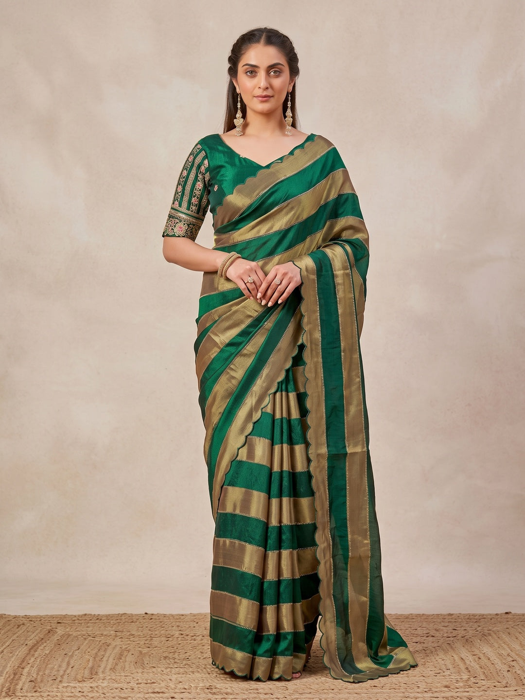 Peachmode Green Striped Embellished Satin Saree - Image 3
