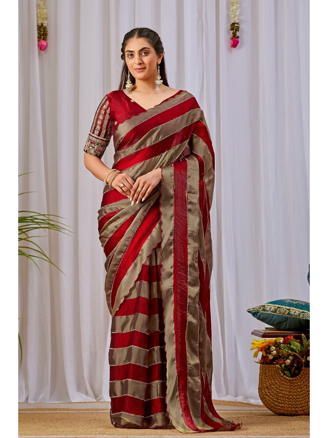 Peachmode Red Striped Embellished Satin Saree - Image 1