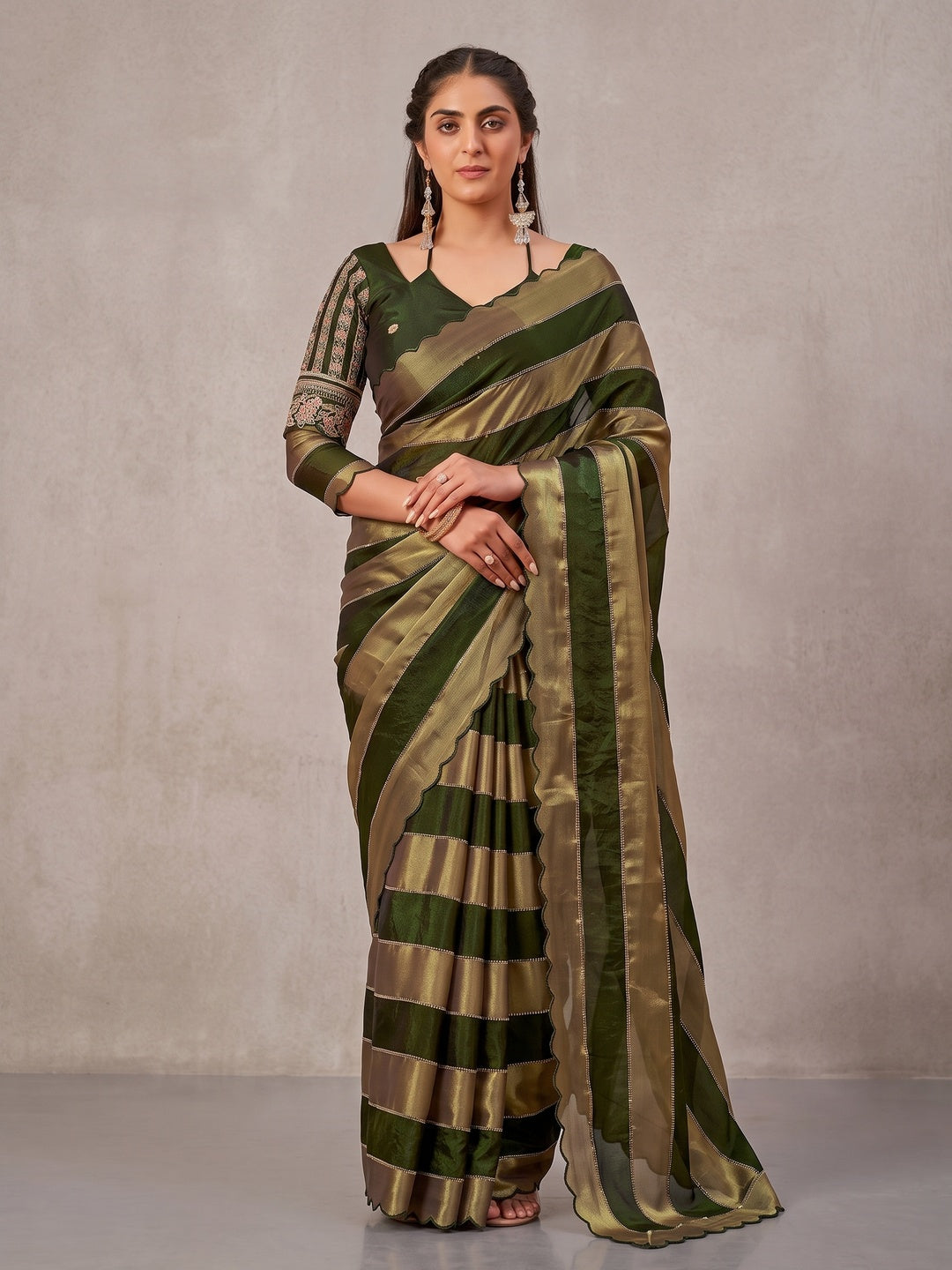 Peachmode Olive Striped Embellished Satin Saree - Image 1