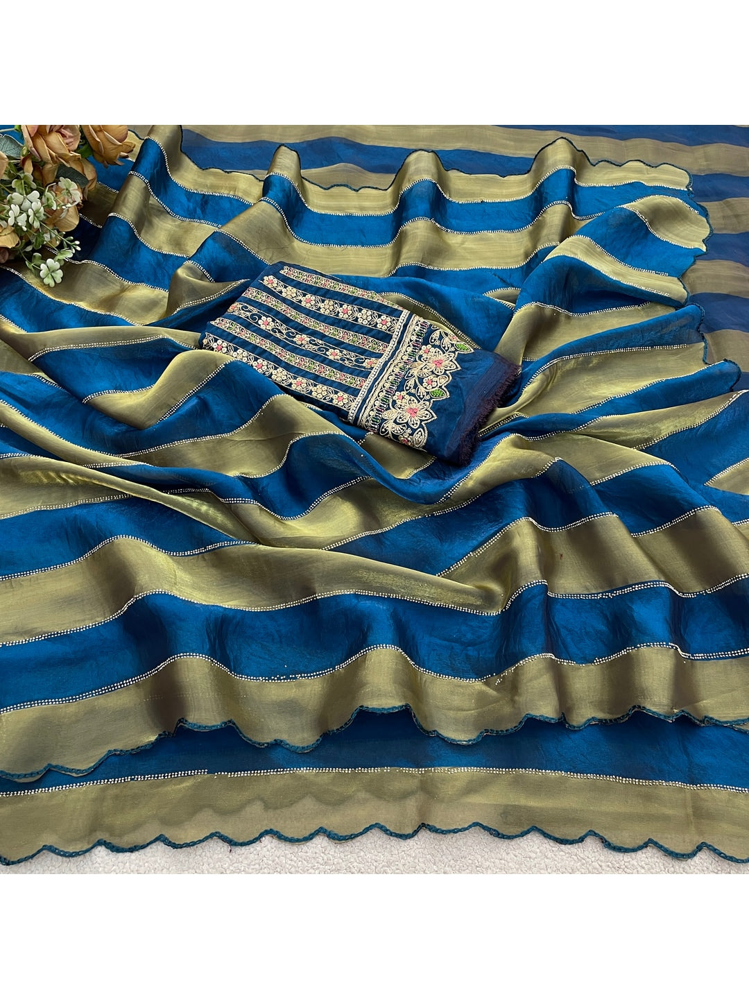Peachmode Blue Striped Embellished Satin Saree - Image 2