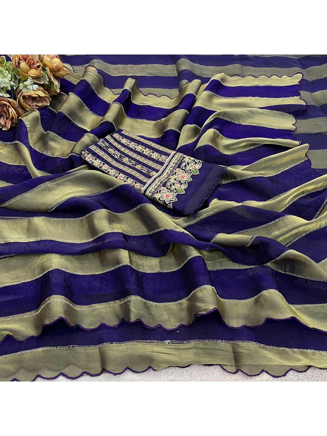Peachmode Purple Striped Embellished Satin Saree - Image 2
