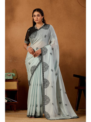 Peachmode Pista Green Mandala Embroidered Rangoli Silk Saree - Image 1