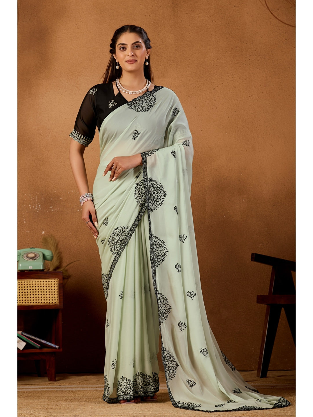Peachmode Pista Green Mandala Embroidered Rangoli Silk Saree - Image 2