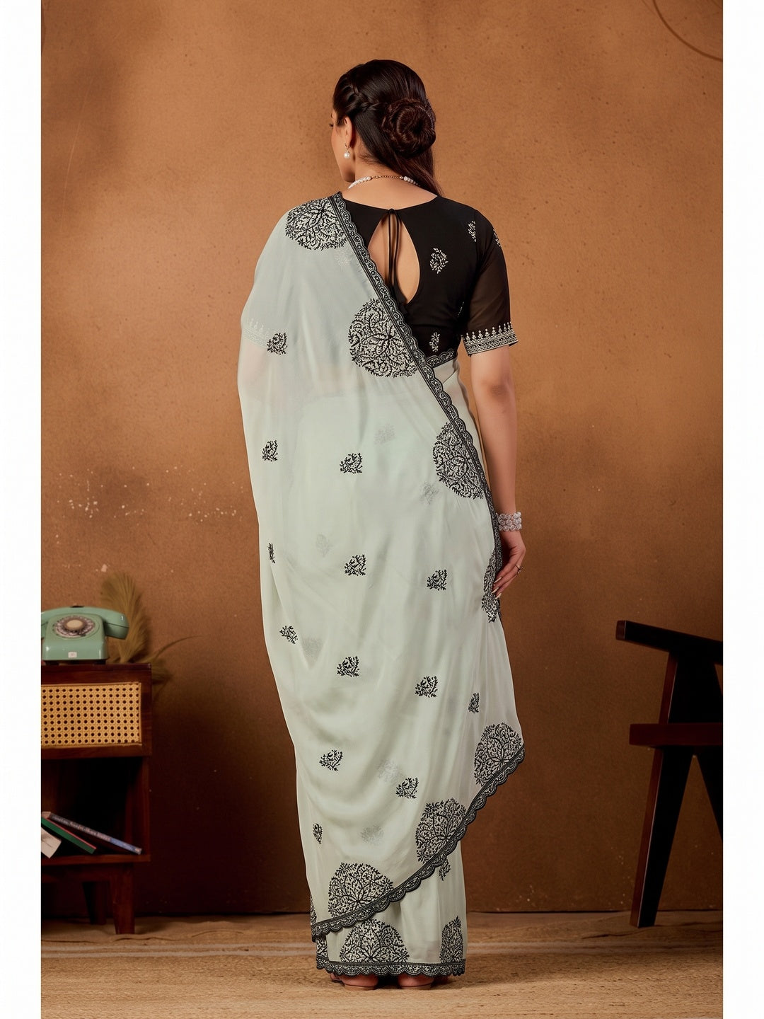 Peachmode Pista Green Mandala Embroidered Rangoli Silk Saree - Image 5