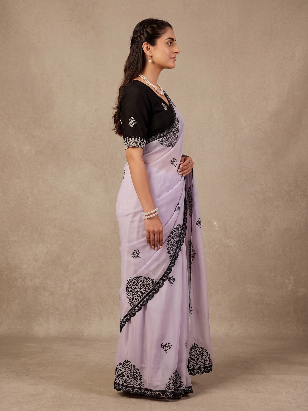 Peachmode Lavender Mandala Embroidered Rangoli Silk Saree - Image 4