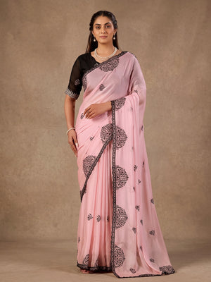 Peachmode Pink Mandala Embroidered Rangoli Silk Saree - Image 1