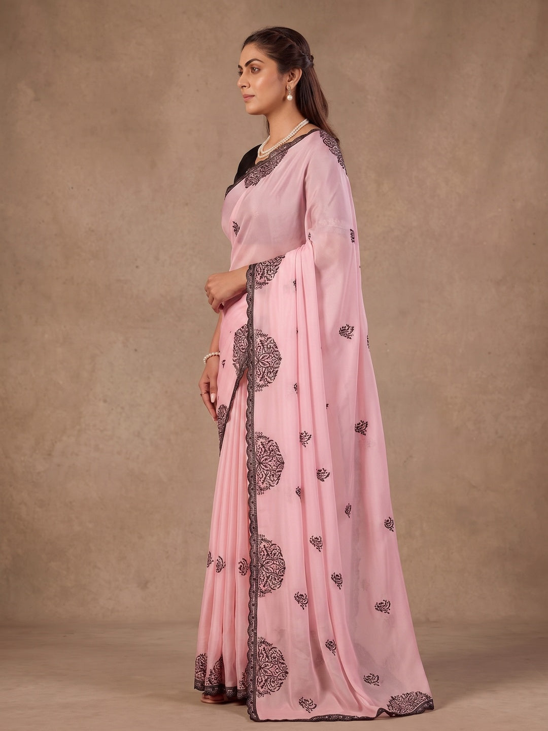 Peachmode Pink Mandala Embroidered Rangoli Silk Saree - Image 3