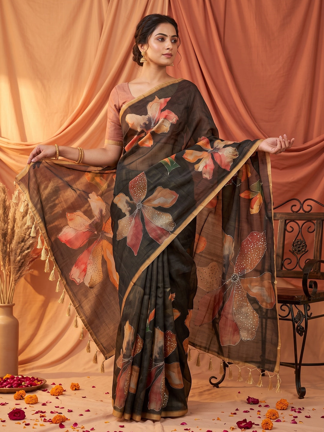 Peachmode Dusty Black Tissue Silk Floral Printed Saree with Sequins Work - Image 1