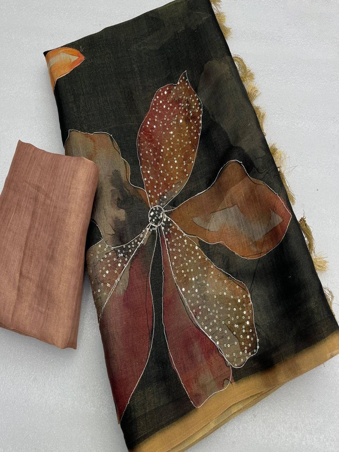 Peachmode Dusty Black Tissue Silk Floral Printed Saree with Sequins Work - Image 3