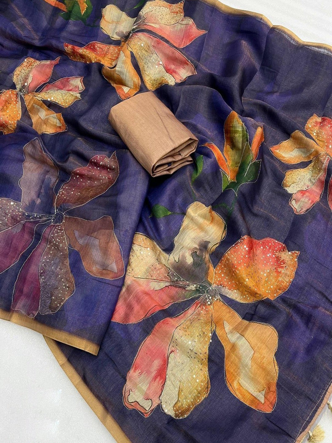 Peachmode Purple Tissue Silk Floral Printed Saree with Sequins Work - Image 2