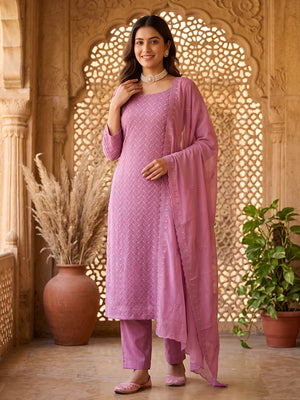 Lightweight Pink Georgette Dress Material Adorned with Beautiful Floral Embroidery - Image 1