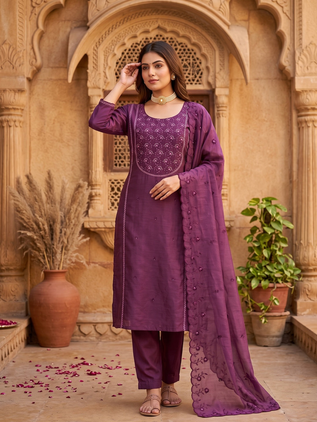 Beautiful Purple Art Silk Unstitched Suit Material Decorated with Fine Floral Embroidery Work - Image 1
